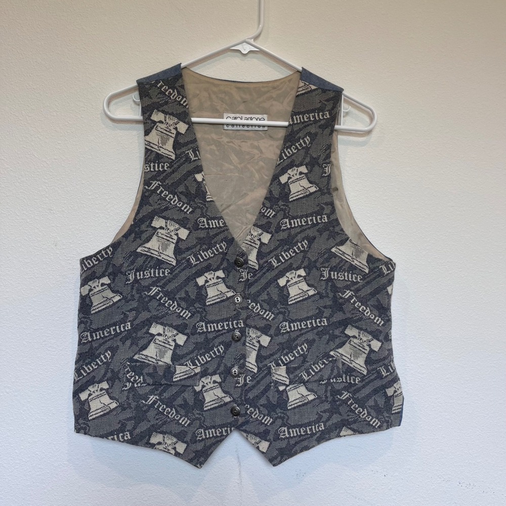 Carol Antone Collection Vintage Patriotic Liberty Bell Tapestry Vest Blue Mens M